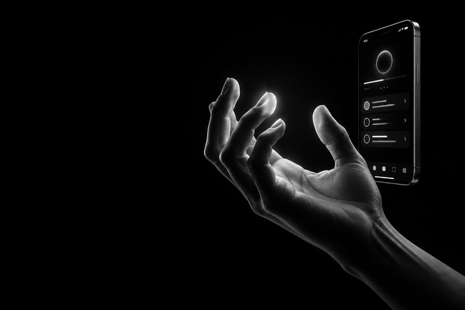 An illuminated hand interacts with a floating mobile app